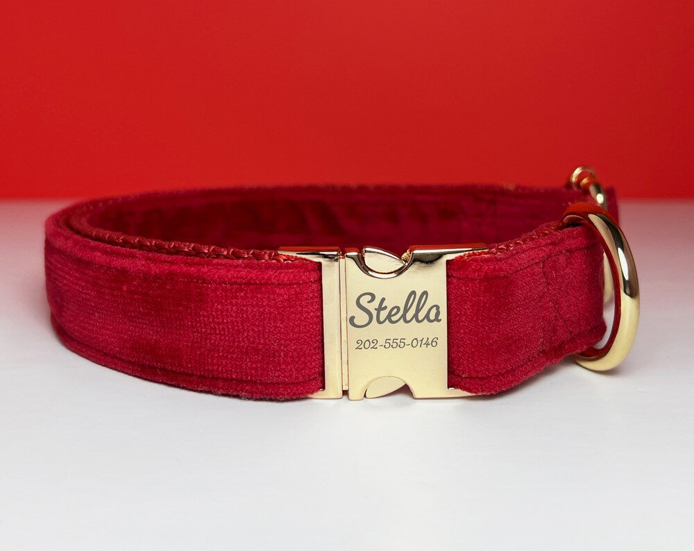 Red Soft Velvet Dog Collar with Engraved ID